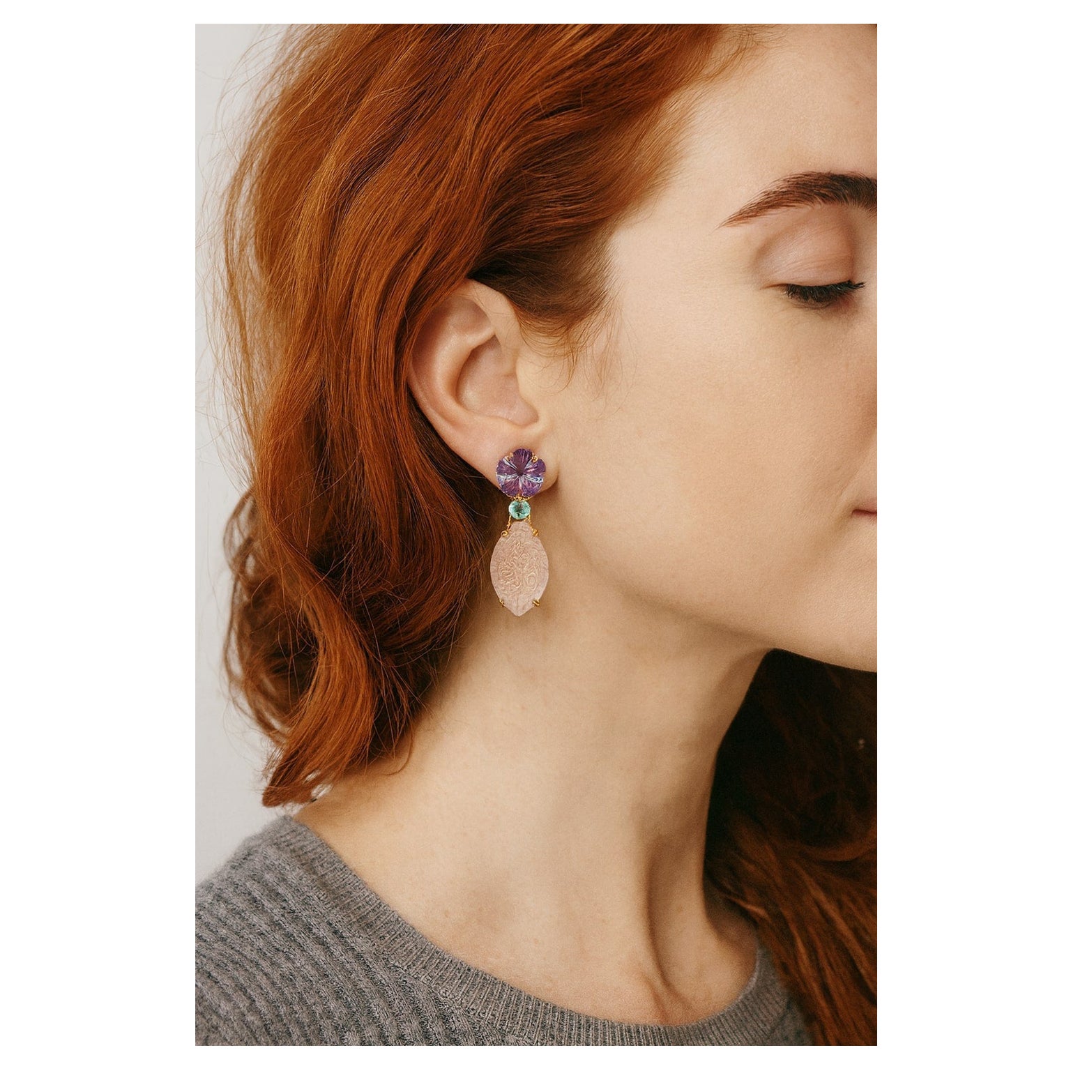 Bochic “Capri” Vintage Amethyst & Pink Topaz Pastel Earrings Set 18K Gold & Silv For Sale