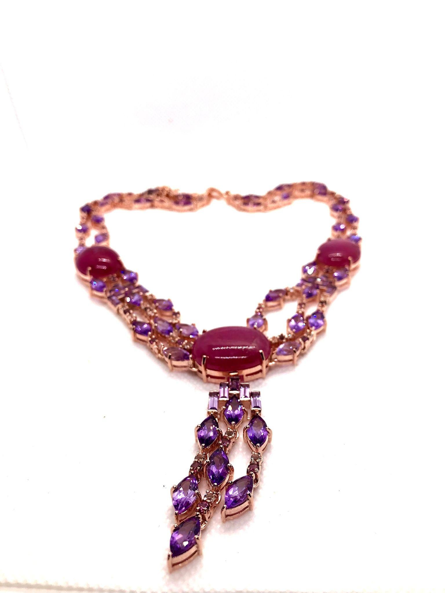 Bochic “Capri” Vintage Art Deco Ruby & Amethyst Necklace Set in 18K & Silver For Sale 5
