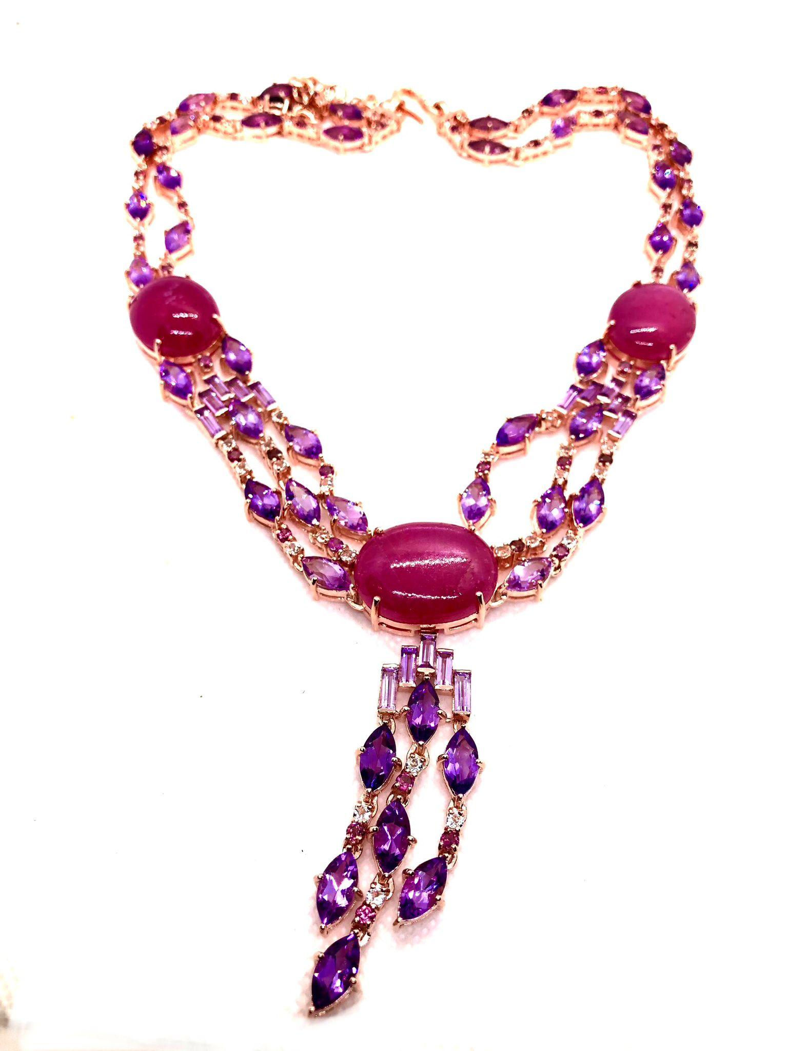 Women's or Men's Bochic “Capri” Vintage Art Deco Ruby & Amethyst Necklace Set in 18K & Silver For Sale