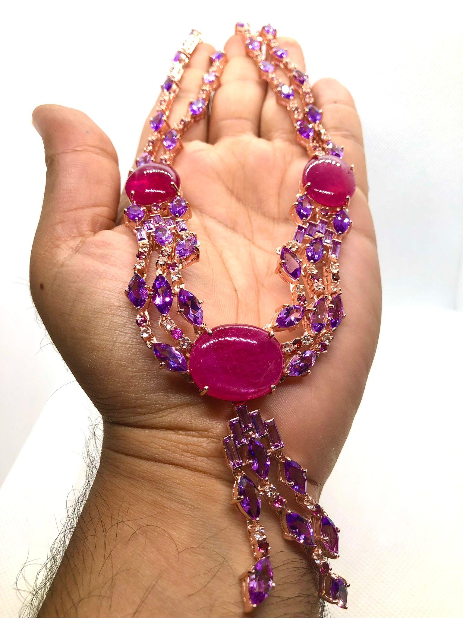 Bochic “Capri” Vintage Art Deco Ruby & Amethyst Necklace Set in 18K & Silver For Sale 4