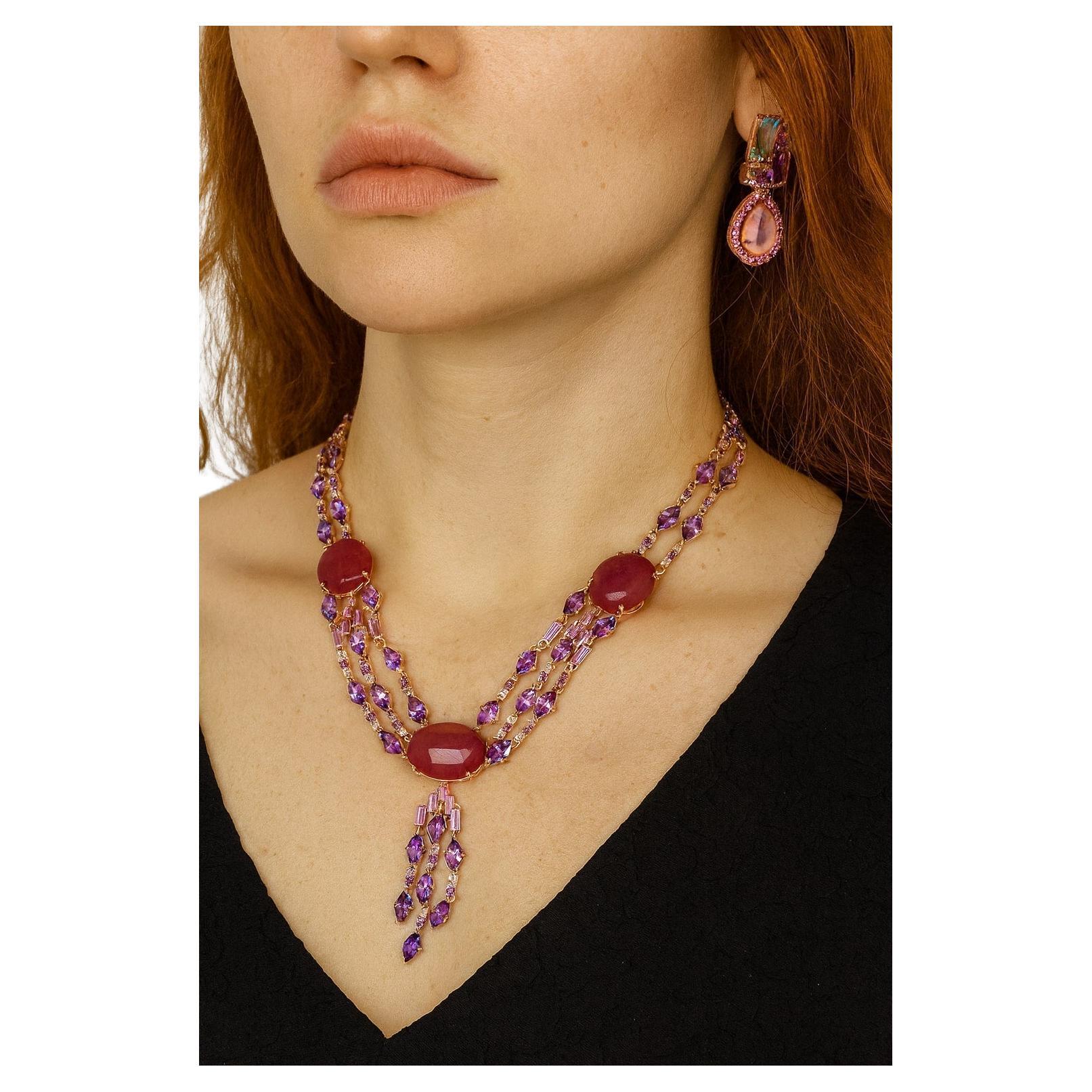 Bochic “Capri” Vintage Art Deco Ruby & Amethyst Necklace Set in 18K & Silver