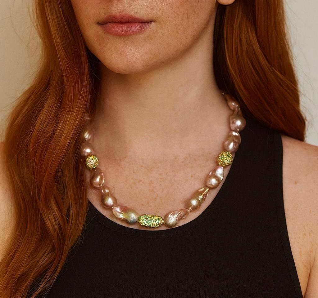 Bochic “Capri” Vintage Baroque Pearl & Multi Gem Necklace Set in 18K & Silver For Sale 2