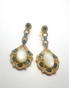 Bochic “Capri” Vintage Blue London Topaz & White Opal Earrings - 18K Gold & Silv