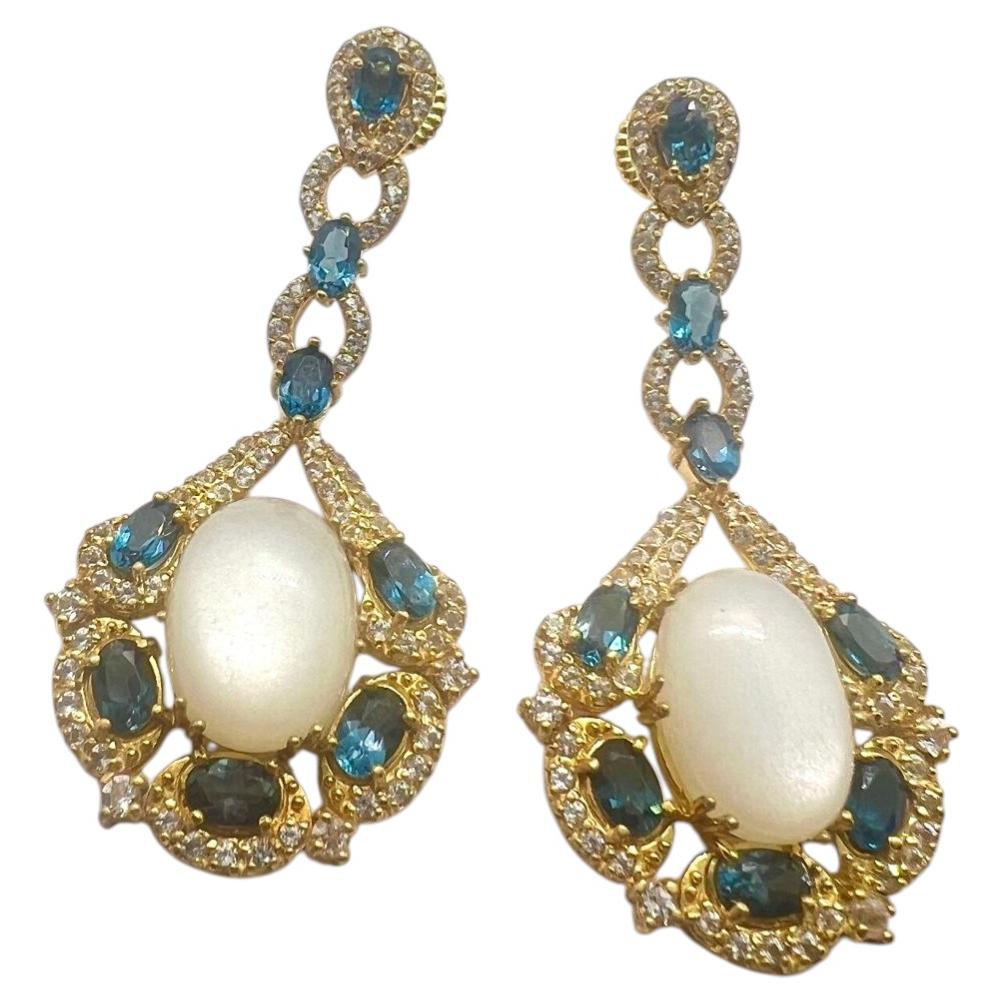 Bochic “Capri” Vintage Blue London Topaz & White Opal Earrings - 18K Gold & Silv