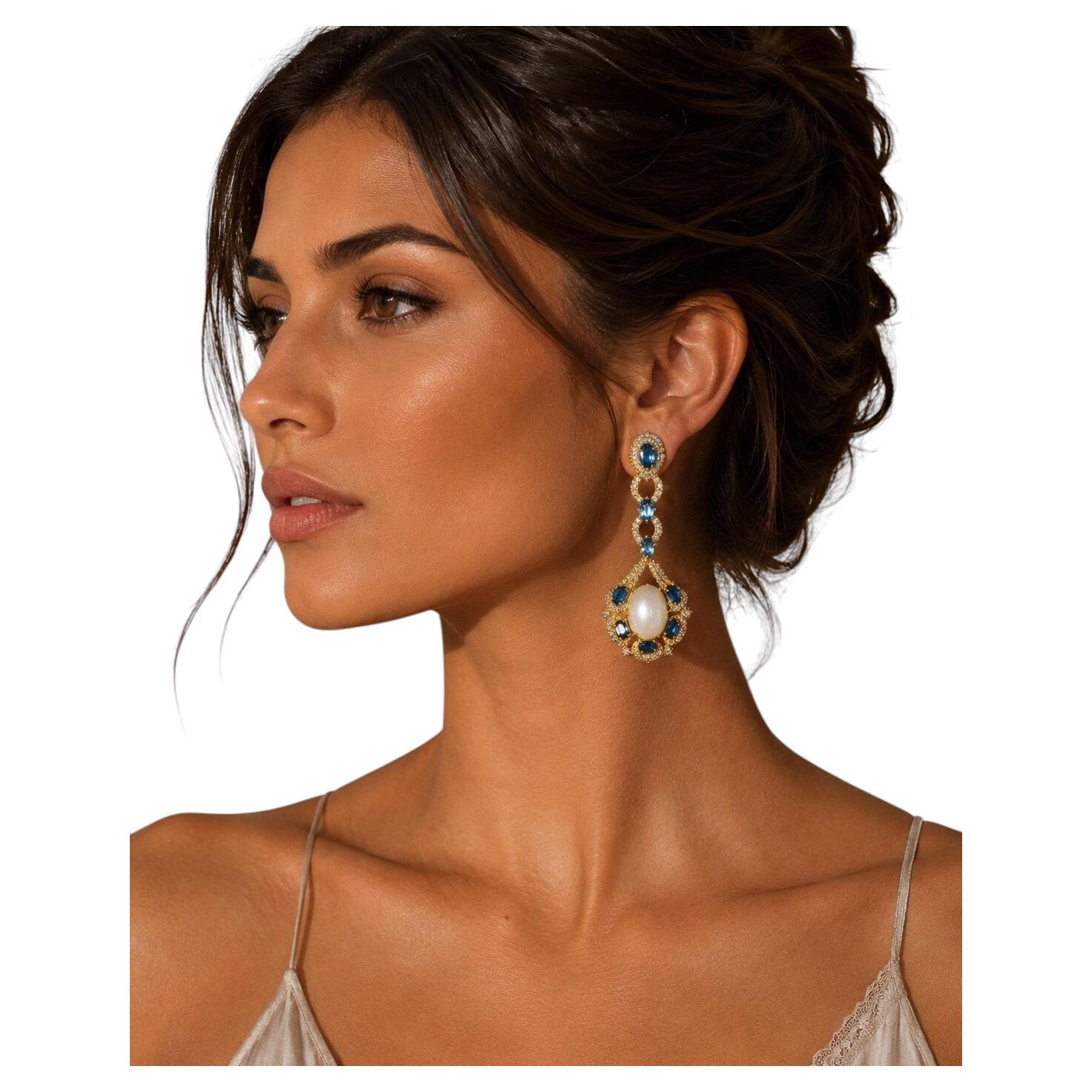 Bochic "Capri" Vintage Blau London Topas & Weiß Opal Ohrringe - 18K Gold & Silv im Angebot