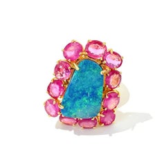 Bochic “Capri” Vintage Blue Opal & Ruby Ring Set In 18K Gold & Silver