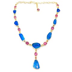 Bochic “Capri” Vintage Blue Opal, Ruby & Sapphire Necklace - 18K Gold & Silver