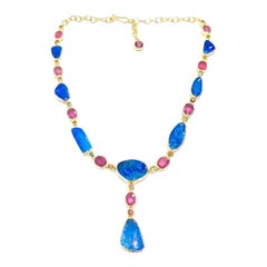 Bochic “Capri” Vintage Blue Opal, Ruby & Sapphire Necklace - 18K Gold & Silver
