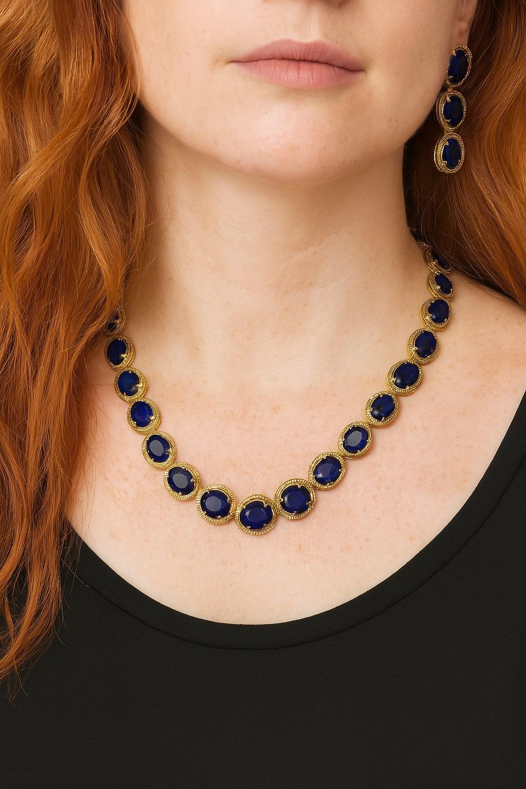 Bochic “Capri�” Vintage Blue Sapphire & Diamond Necklace & Earrings Set 18K Gold For Sale 3