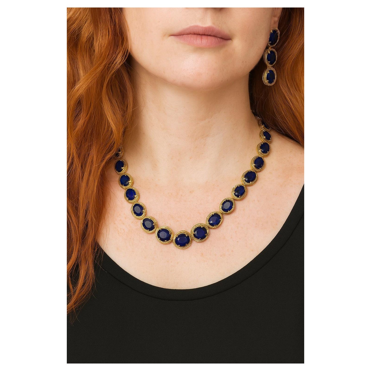 Bochic “Capri” Vintage Blue Sapphire & Diamond Necklace & Earrings Set 18K Gold For Sale