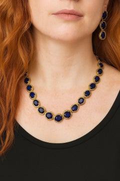 Bochic “Capri” Vintage Blue Sapphire & Diamond Necklace & Earrings Set 18K Gold