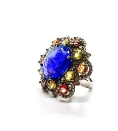 Anello Bochic "Capri" con zaffiro blu vintage e zaffiro fantasia in oro e argento 18 carati
