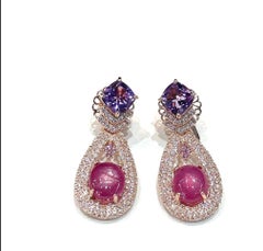 Bochic “Capri” Vintage Amethyst, Ruby & Rose Cut Sapphire Earrings Set In