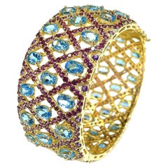 Bochic “Capri” Vintage Blue Topaz & Amethyst Gem & Cuff Set In 18K Gold & Silver