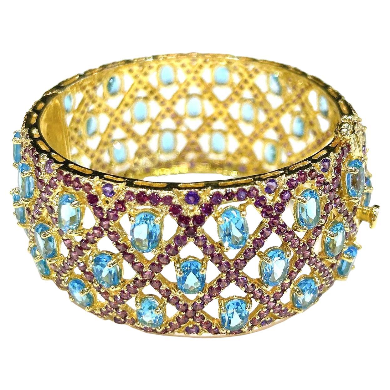 Bochic "Capri" Vintage Blue Topaz & Amethyst Gem & Cuff Set In 18K Gold & Silver en vente