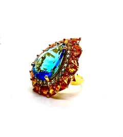 Bochic "Capri" Vintage Blauer Topas & Orange Citrin Ring - 18K Gold & Silber