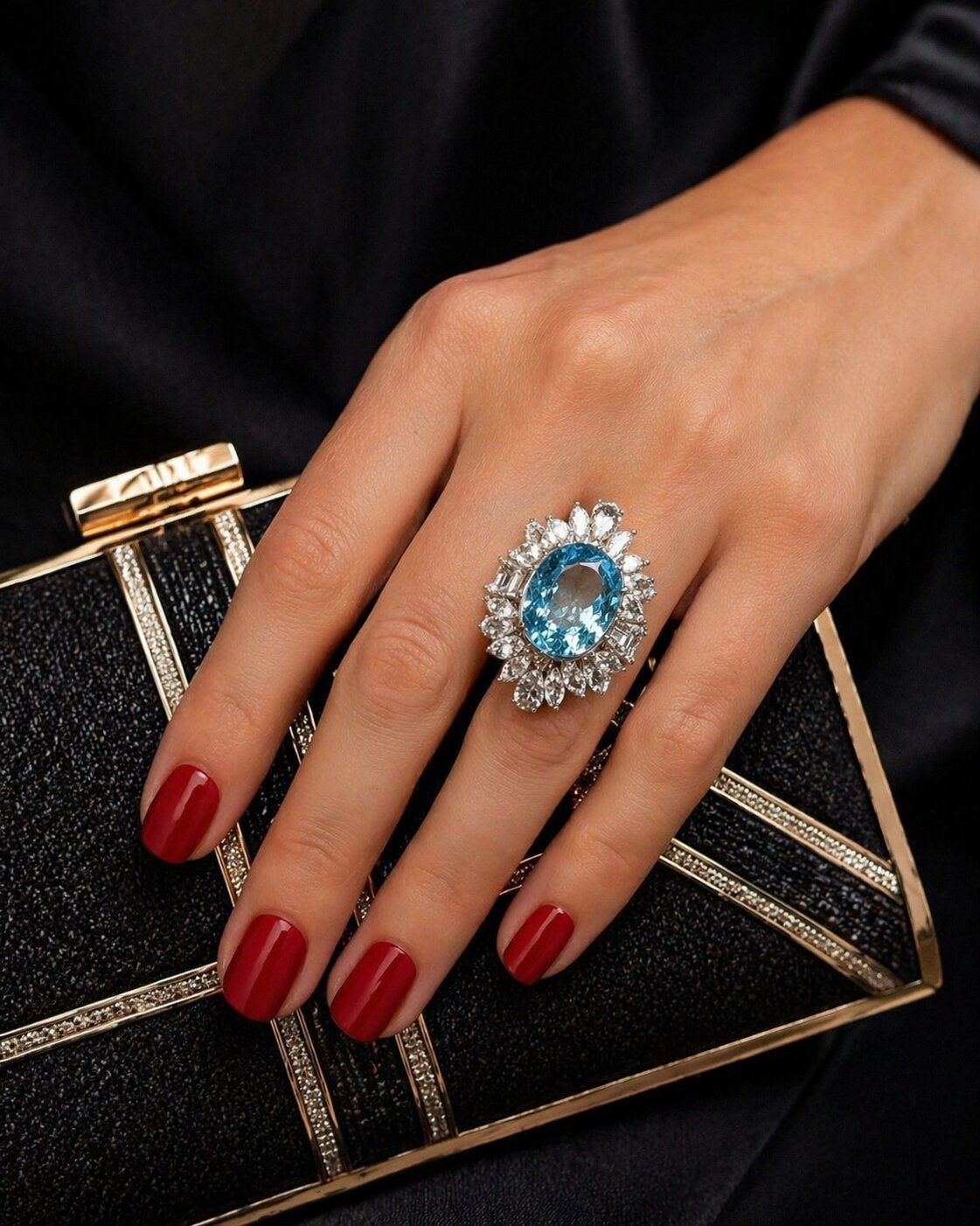 Bochic "Capri" Vintage Blauer Topas Ring Set in 18K Weißgold & Silber im Angebot