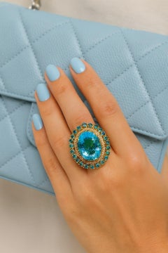 Bochic "Capri" Bague Vintage Topaze Bleue, Tanzanite et Diamant en Or 18K et Si