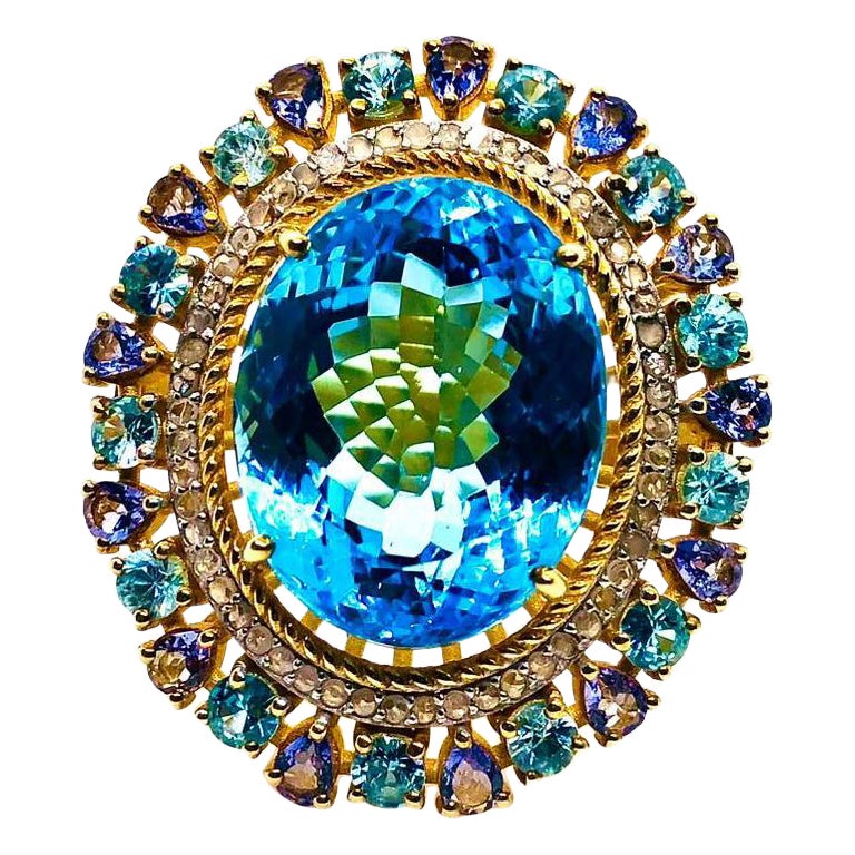 Bochic "Capri" Vintage Blauer Topas, Tansanit 
Diamant Ring Set in 18K Gold 
Si im Angebot
