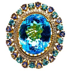 Bochic “Capri” Vintage Blue Topaz, Tanzanite & Diamond Ring Set In 18K Gold & Si
