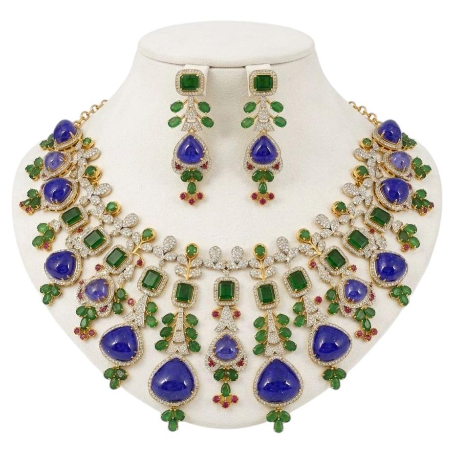 Set collana Bochic “Capri” in stile vintage classico con diamanti, smeraldi e taznaznite