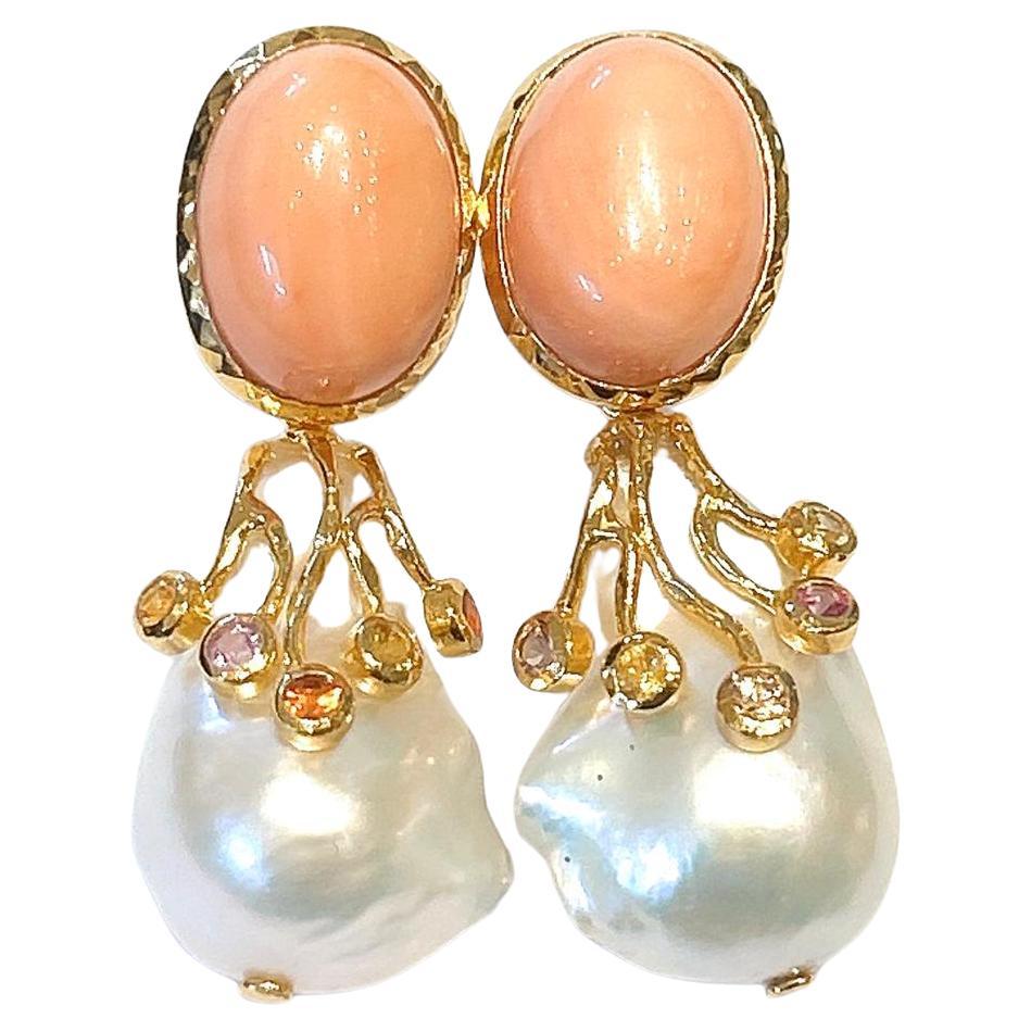 Bochic “Capri” Vintage Coral and Fancy Sapphire Earrings -18K Gold & Silver