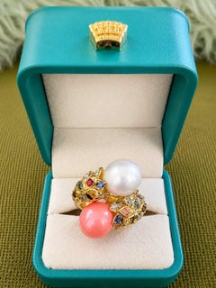 Bochic “Capri” Vintage Coral, Pearl & Fancy Sapphire Ring - 18K Gold & Silver
