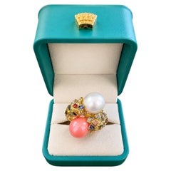 Bochic “Capri” Vintage Coral, Pearl & Fancy Sapphire Ring - 18K Gold & Silver