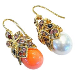 Bochic “Capri” Vintage Coral, Pearl & Rose Cut Sapphire Earrings 18K Gold & Silv