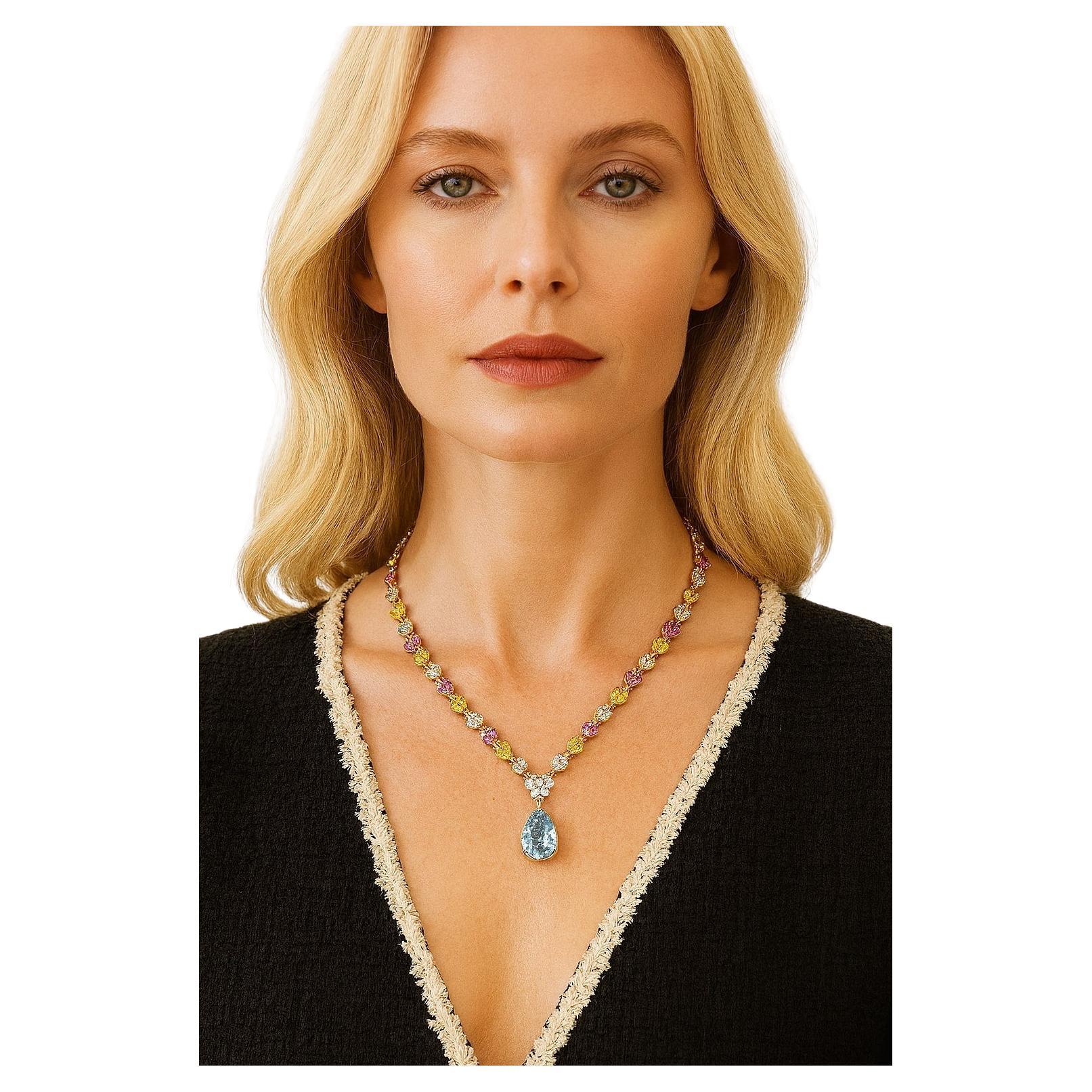 Bochic “Capri�” Diamond, Amethyst, Topaz, Citrine & Peridot Necklace in 18K & Silver 

Green Peridot  - 5 Carats 
Blue Topaz pear shape drop - 7 Carats 
Citrine - 4 Carats 
Purple Amethyst - 4 Carats 
Rodholite - 4 Carats
Diamond - 2 Carats 

The