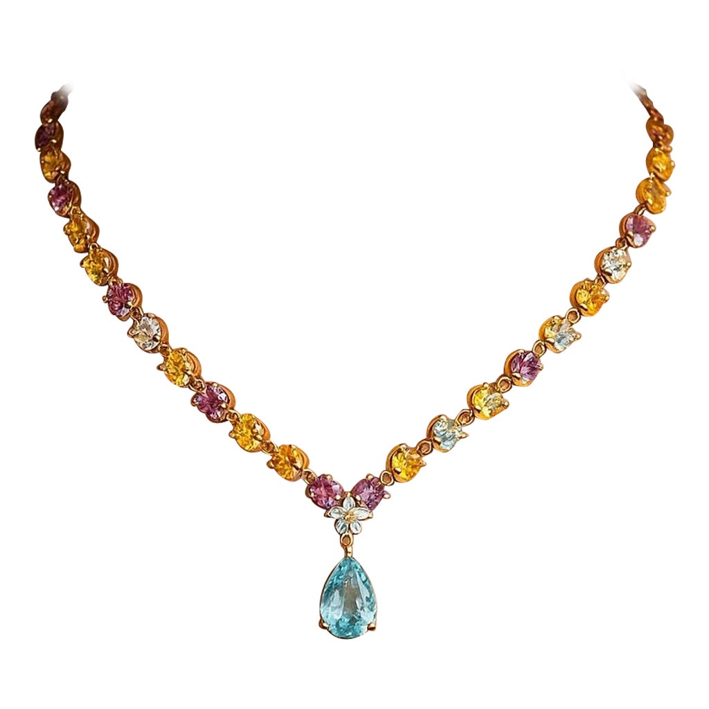 Art Deco Bochic “Capri” Vintage Diamond Amethyst, Citrine & Peridot Necklace Set 18K Gold For Sale