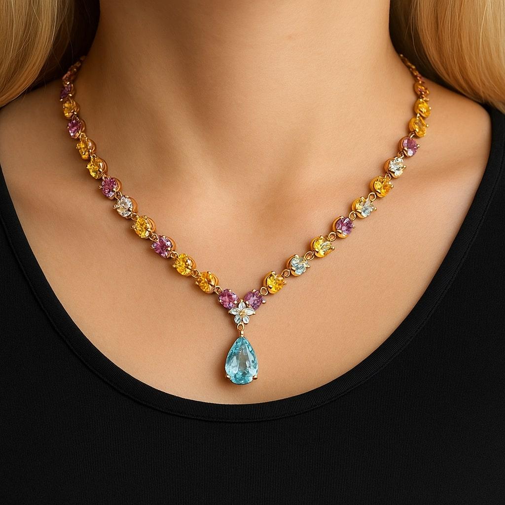 Bochic “Capri” Vintage Diamond Amethyst, Citrine & Peridot Necklace Set 18K Gold For Sale