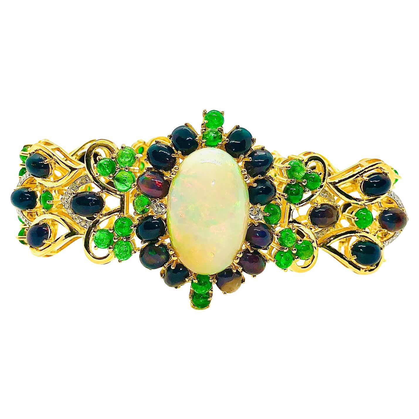 Bochic “Capri” Vintage Diamond, Black Opal 
Tsevorite Bracelet Set In 18K 
Sil