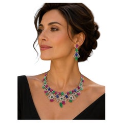 Bochic “Capri” Vintage Diamond, Emerald, Ruby & Sapphire Necklace Set