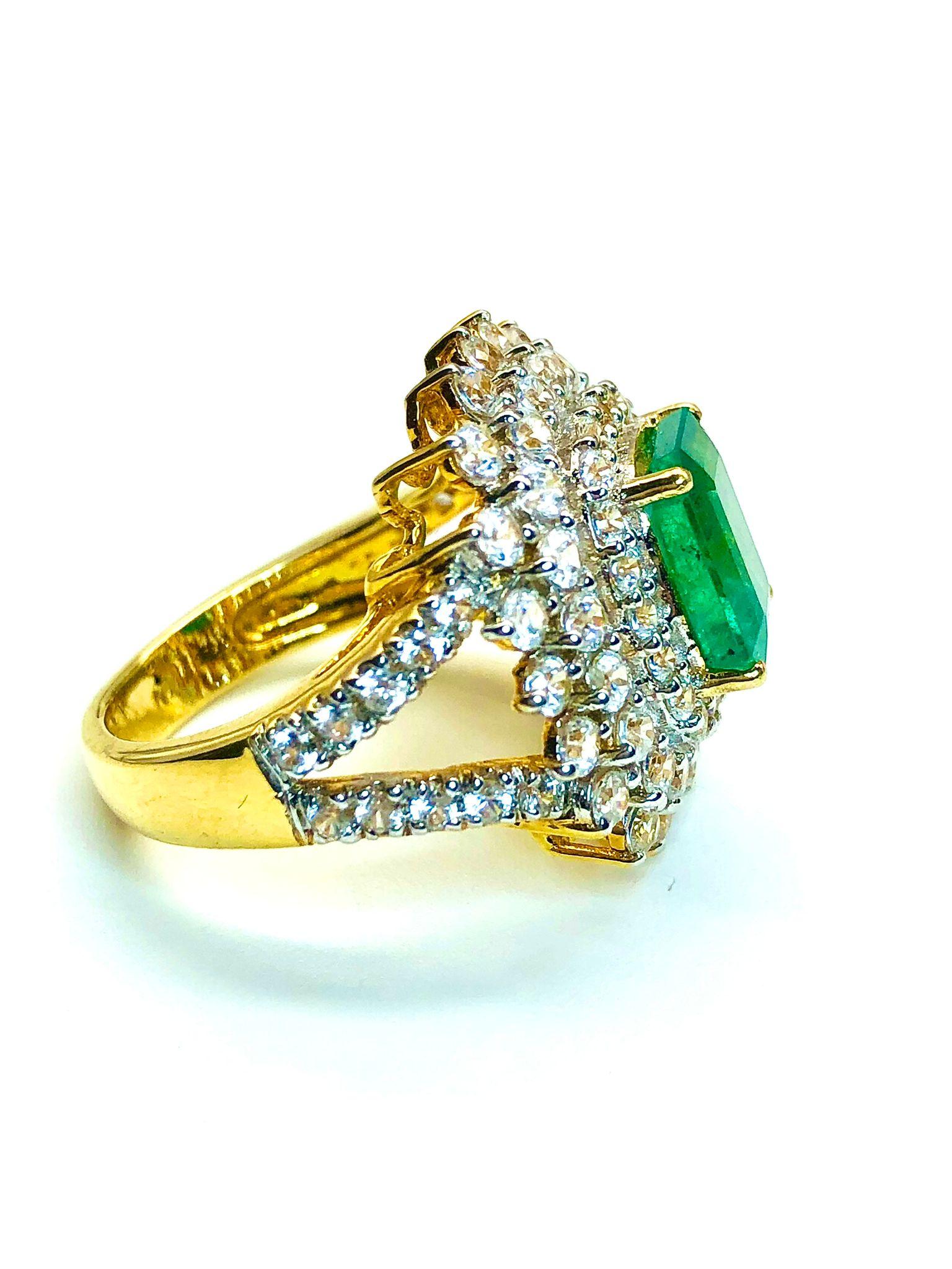 Emerald Cut Bochic “Capri” Vintage Diamond & Emerald Vintage Ring Set 18K Gold & Silver For Sale