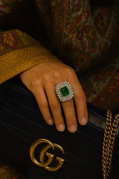 Bochic “Capri” Vintage Diamond & Emerald Vintage Ring Set 18K Gold & Silver