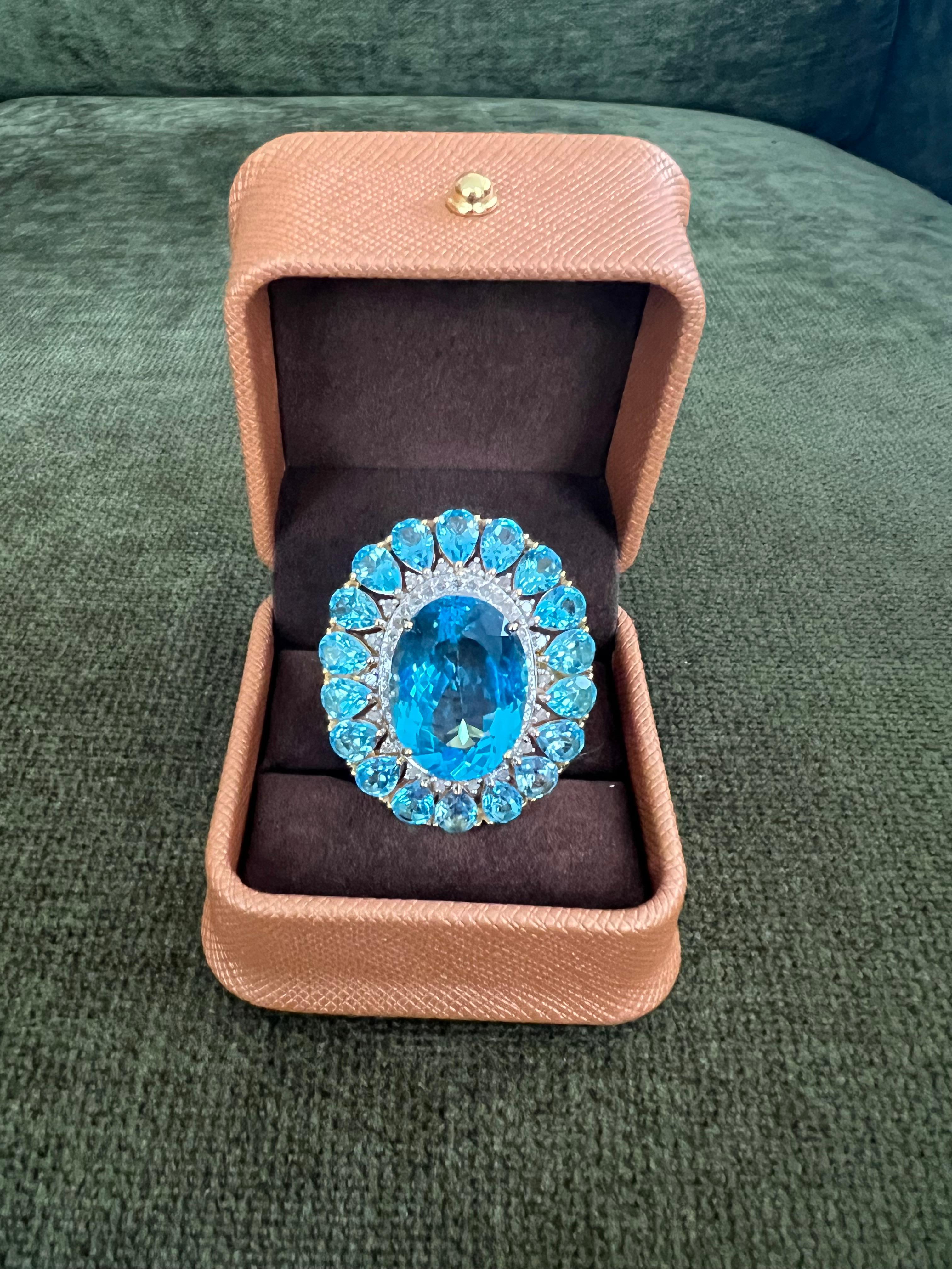 Bochic “Capri” Vintage Diamond & Oval Shape Blue Topaz & Set In 18K Gold & Silve For Sale 6