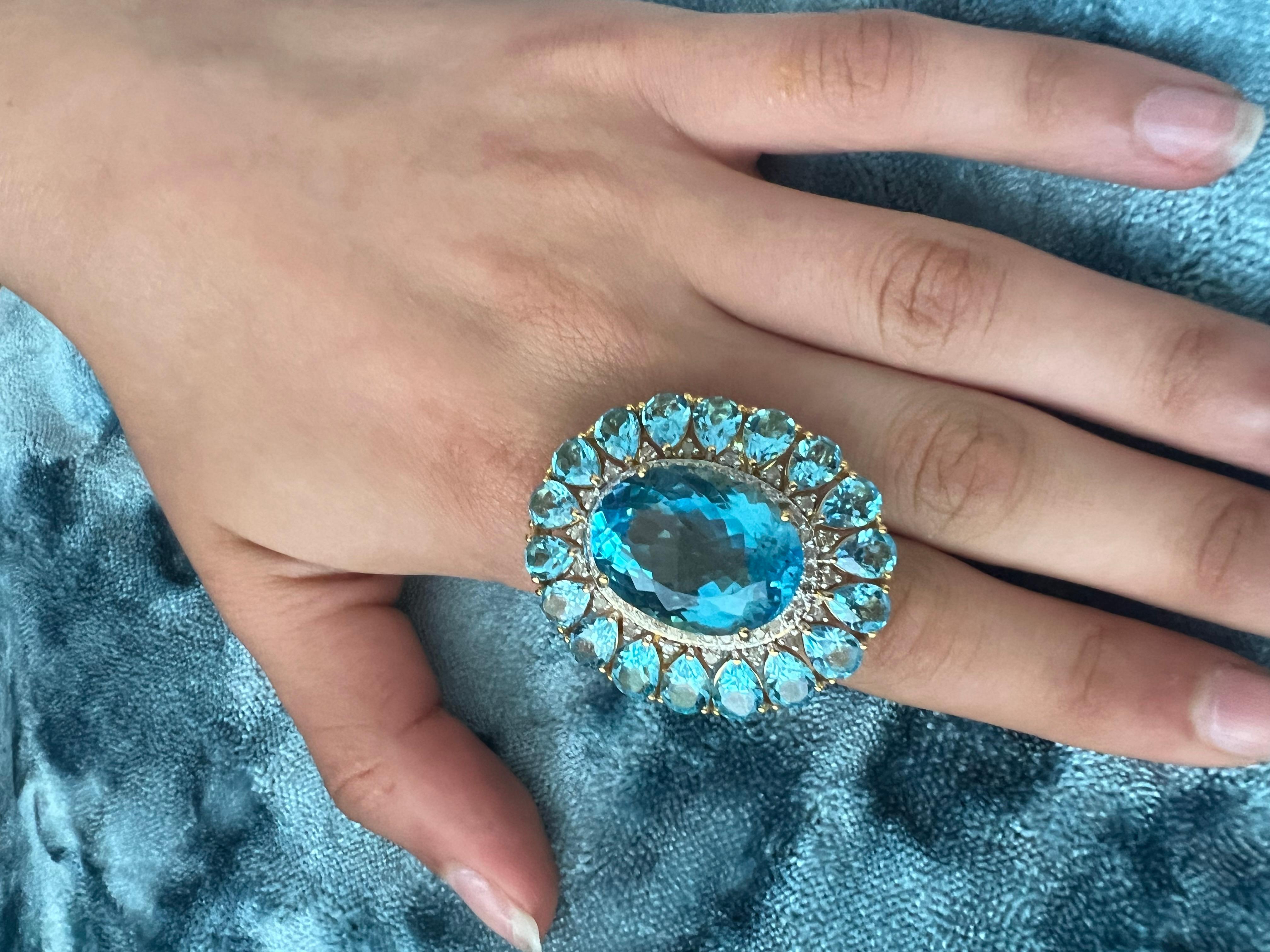 Bochic “Capri” Vintage Diamond & Oval Shape Blue Topaz & Set In 18K Gold & Silve For Sale 7