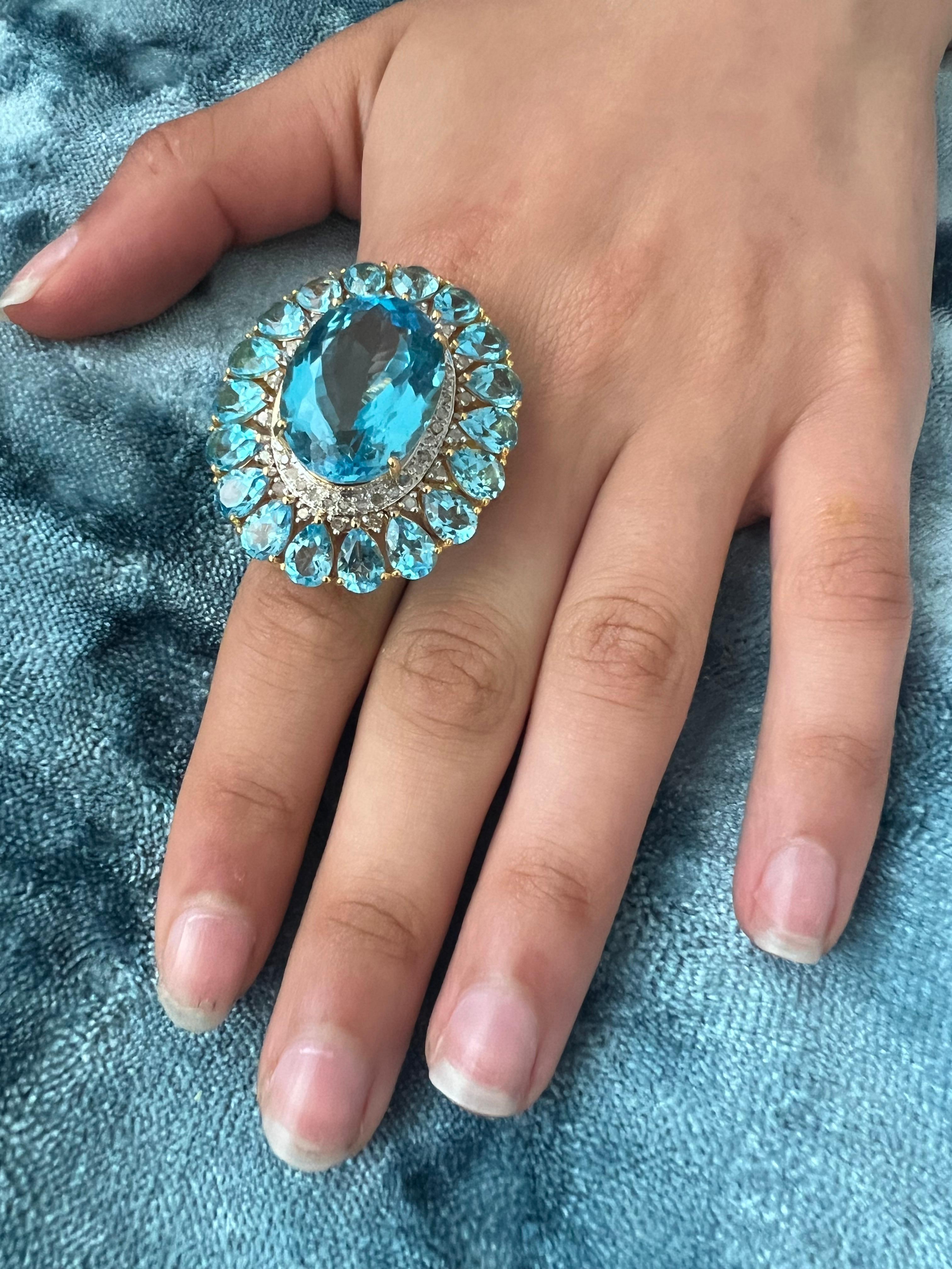 Bochic “Capri” Vintage Diamond & Oval Shape Blue Topaz & Set In 18K Gold & Silve For Sale 8