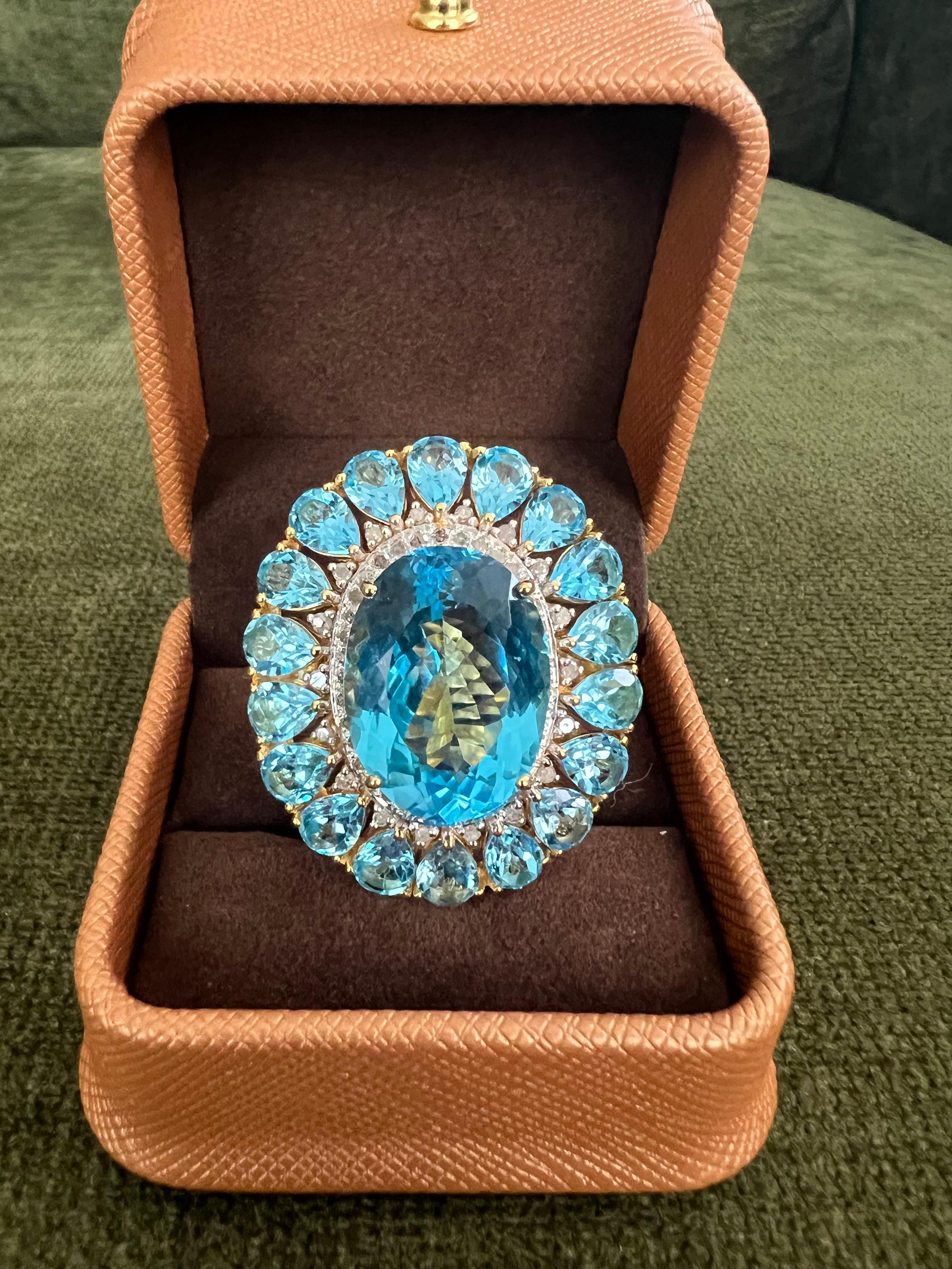 Oval Cut Bochic “Capri” Vintage Diamond & Oval Shape Blue Topaz & Set In 18K Gold & Silve For Sale