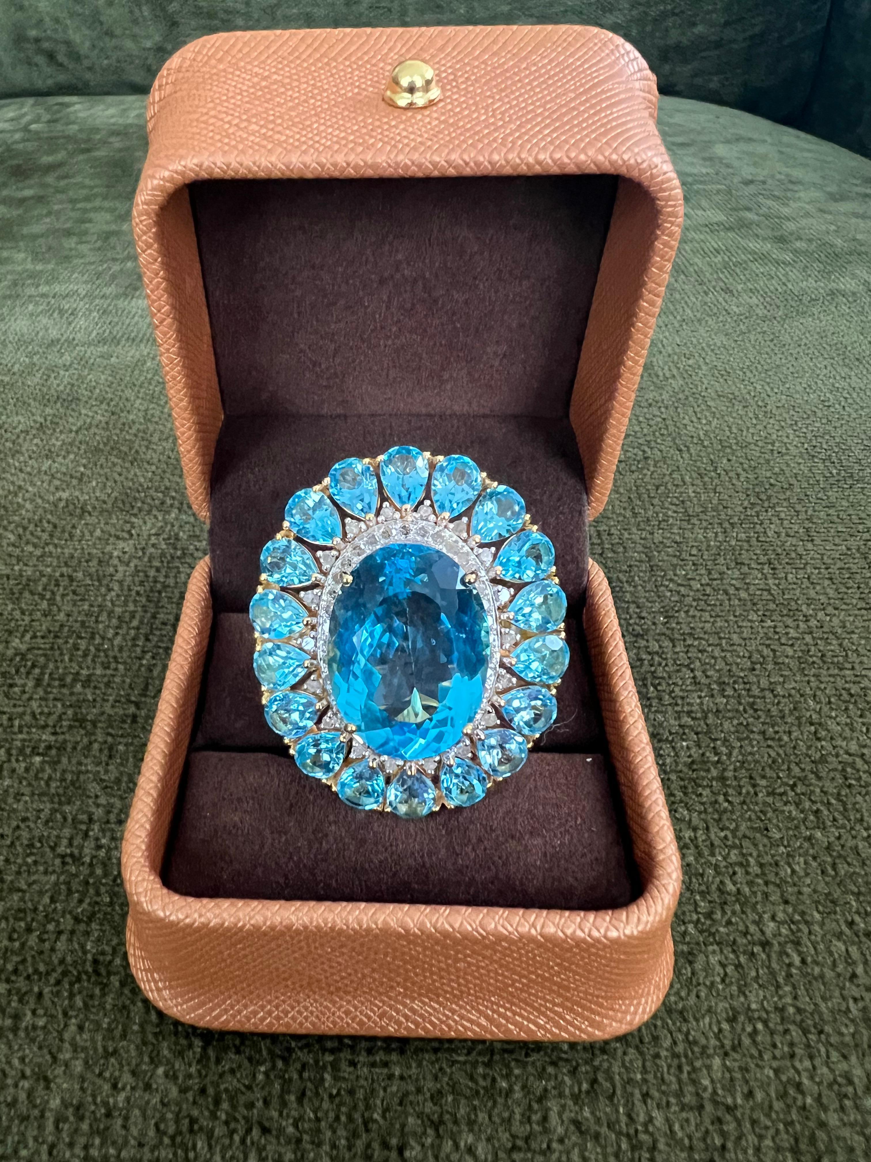 Bochic “Capri” Vintage Diamond & Oval Shape Blue Topaz & Set In 18K Gold & Silve In Excellent Condition For Sale In New York, NY