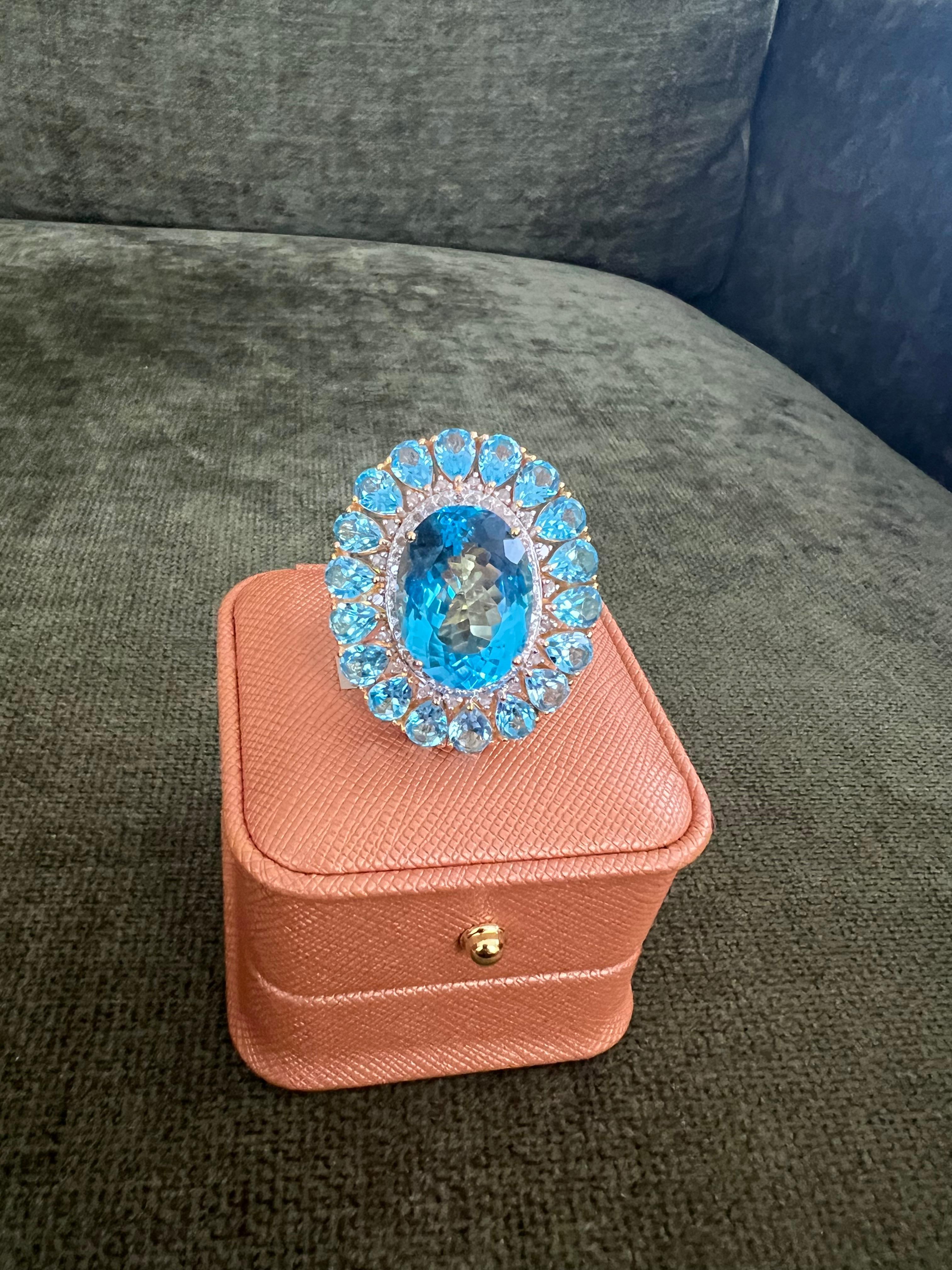 Bochic “Capri” Vintage Diamond & Oval Shape Blue Topaz & Set In 18K Gold & Silve For Sale 2