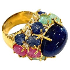 Bochic “Capri” Vintage Diamond, Ruby, Emerald & Sapphire Ring Set 18K Gold & Sil