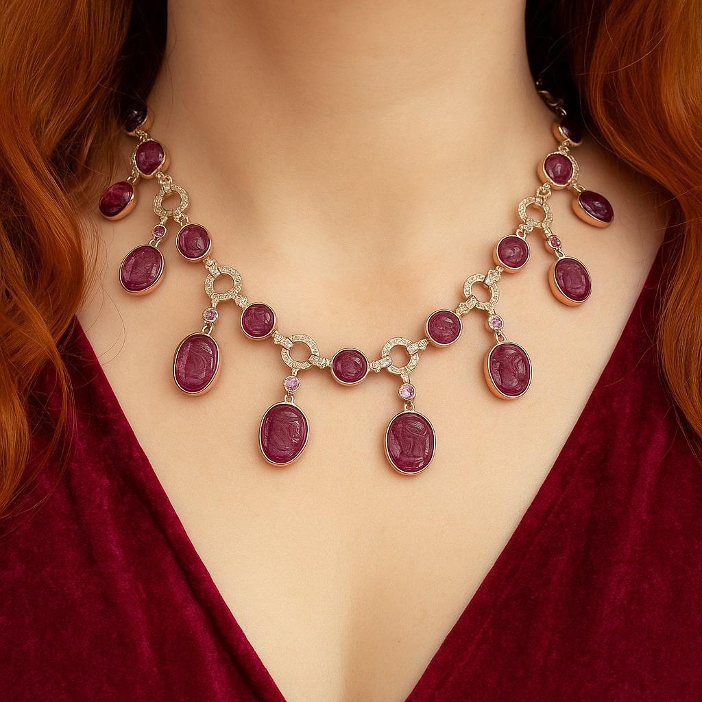 Bochic “Capri” Vintage Diamond, Ruby, Sapphire & Amethyst Necklace in 18K Gold & For Sale 5