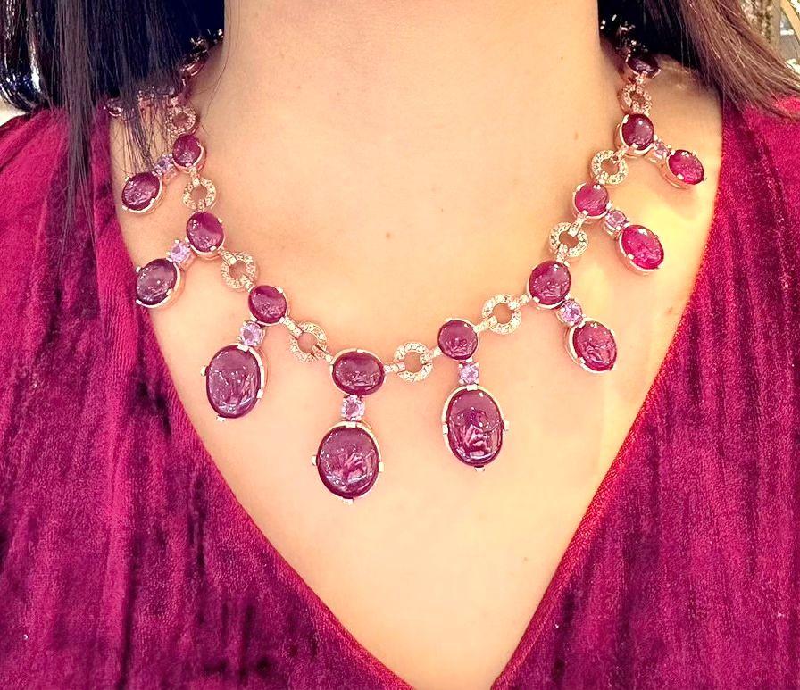 Women's Bochic “Capri” Vintage Diamond, Ruby, Sapphire & Amethyst Necklace in 18K Gold & For Sale