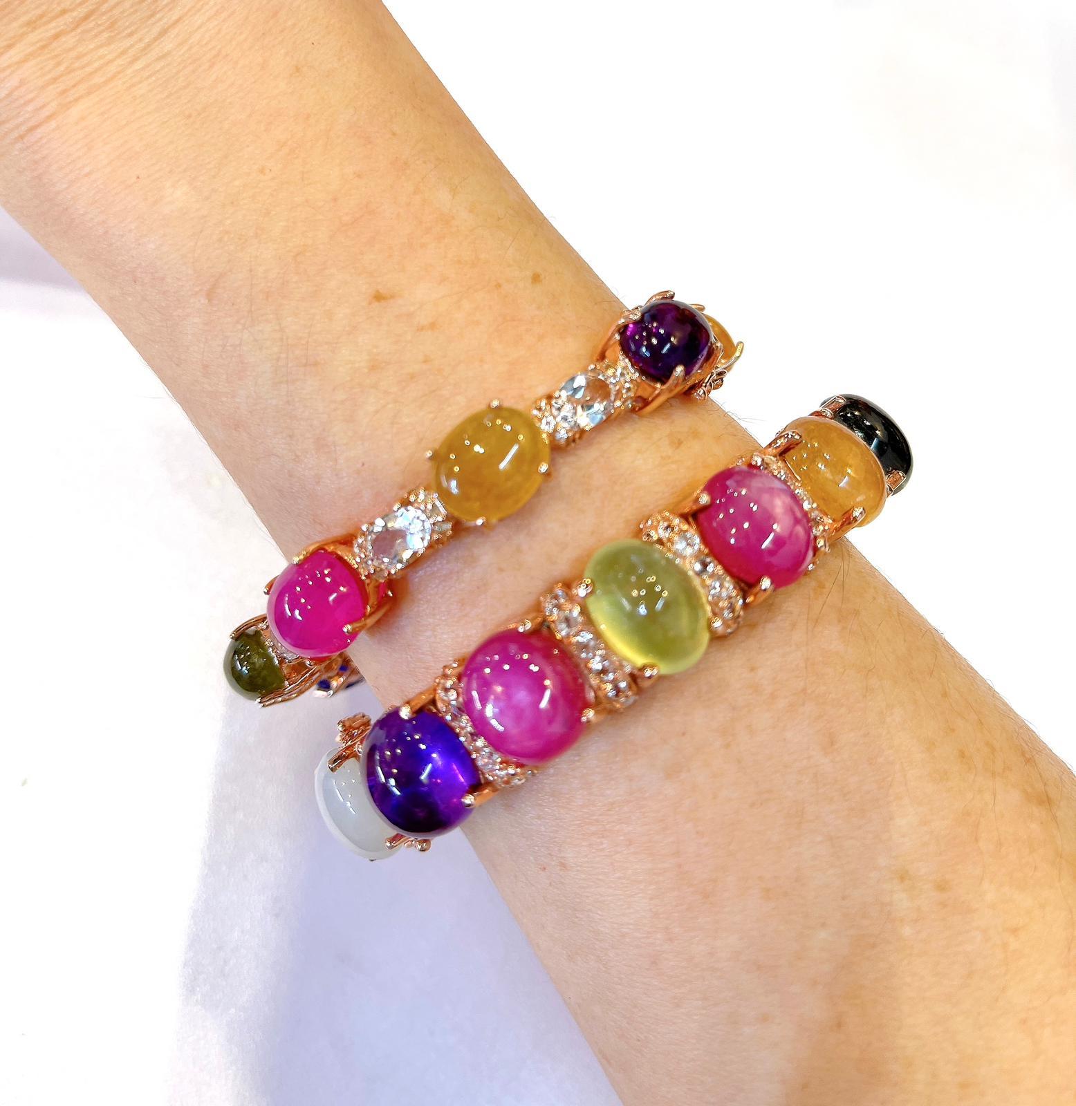 Brilliant Cut Bochic “Capri” Vintage Diamond, Ruby & Sapphire Bangle Set In 18K & Silver For Sale