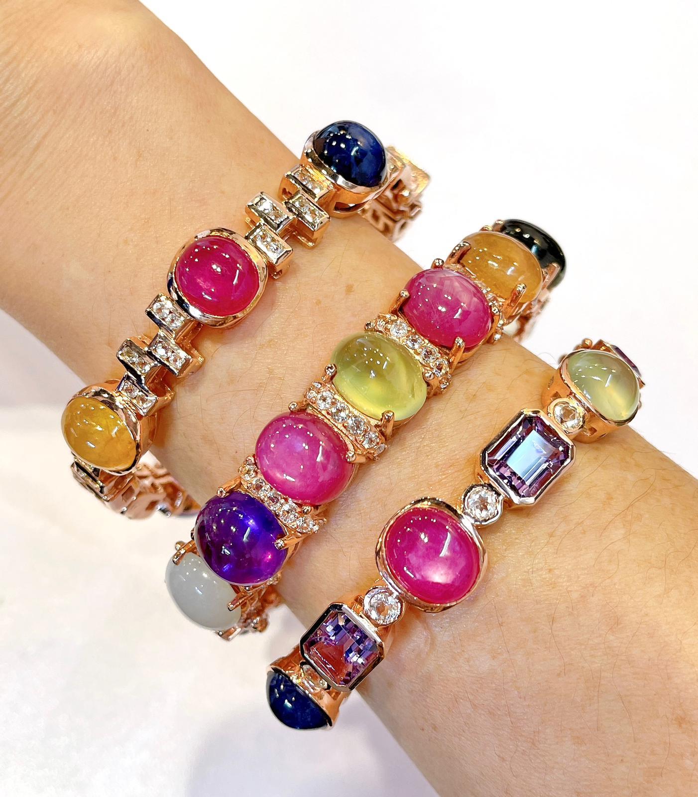 Women's or Men's Bochic “Capri” Vintage Diamond, Ruby & Sapphire Bangle Set In 18K & Silver For Sale