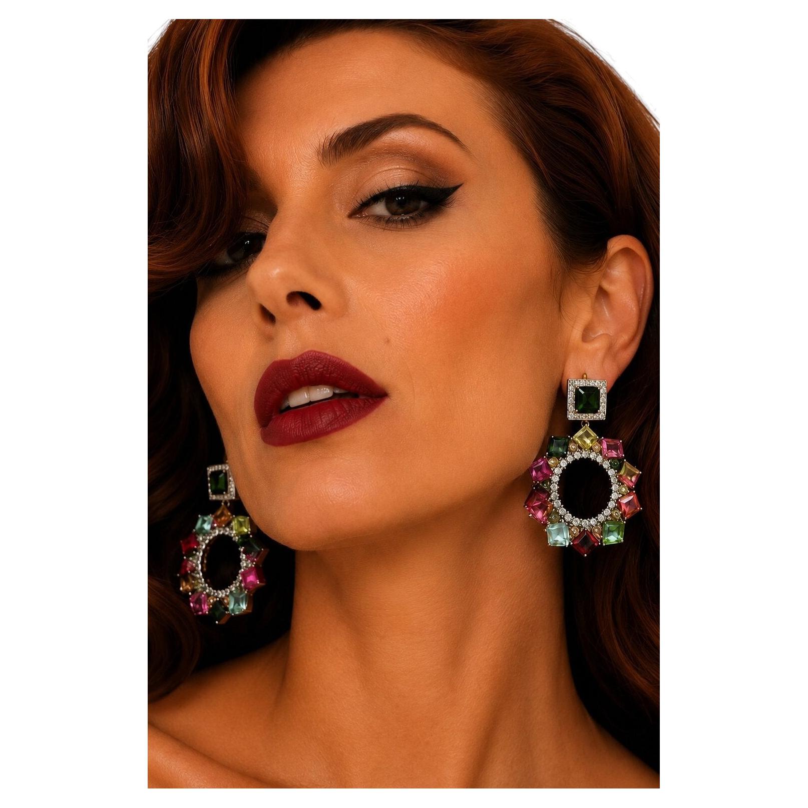 Bochic “Capri” Vintage Diamond & Tourmaline Earrings - 18K Gold & Silver