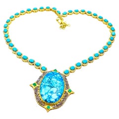 Bochic “Capri” Vintage Diamonds, Emeralds & Turquoise Necklace Set In 18K & Sil