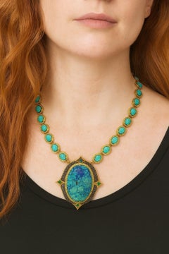Bochic “Capri” Vintage Diamonds, Emeralds & Turquoise Necklace Set In 18K & Sil
